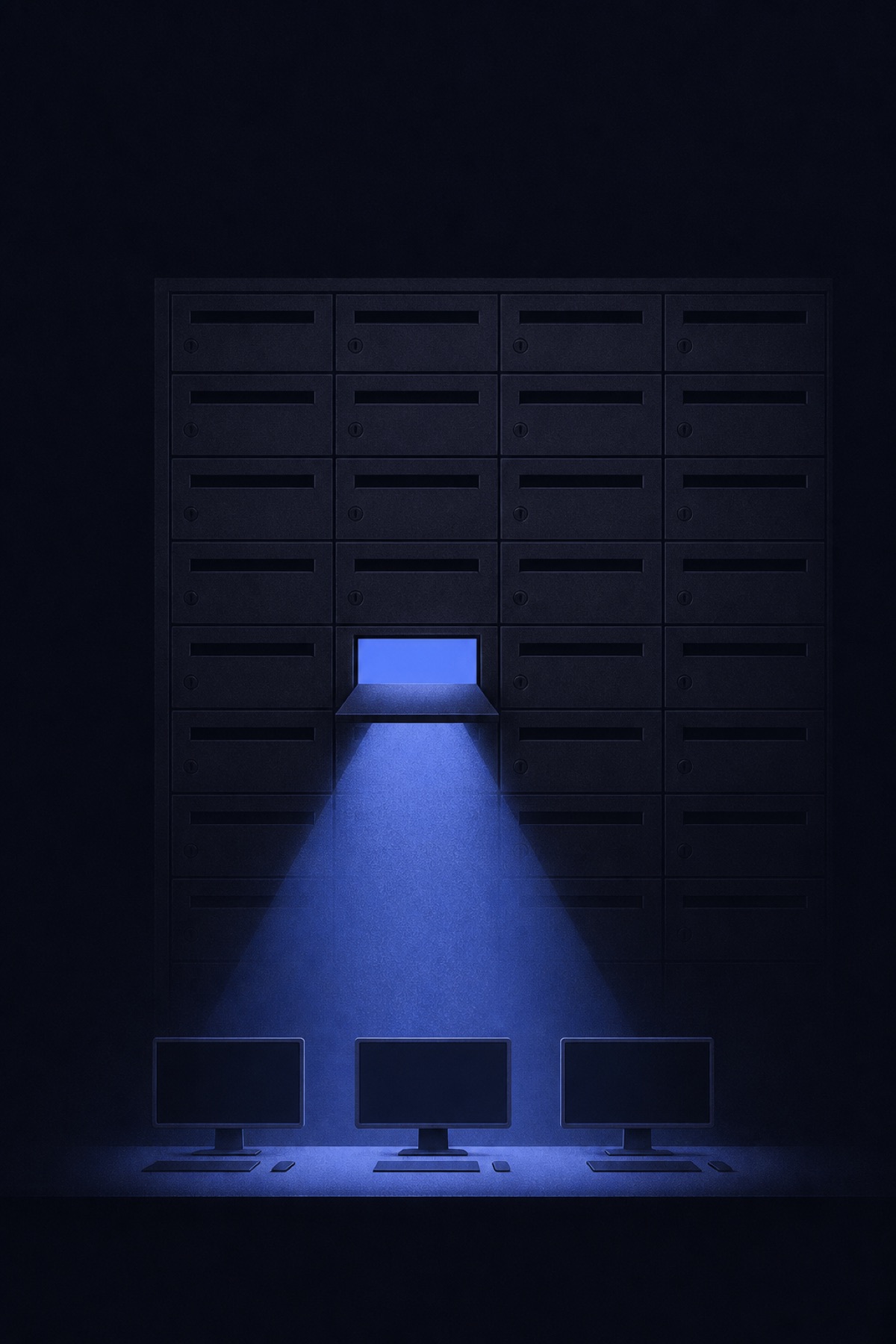 One illuminated mail slot sharing its light with three team screens.