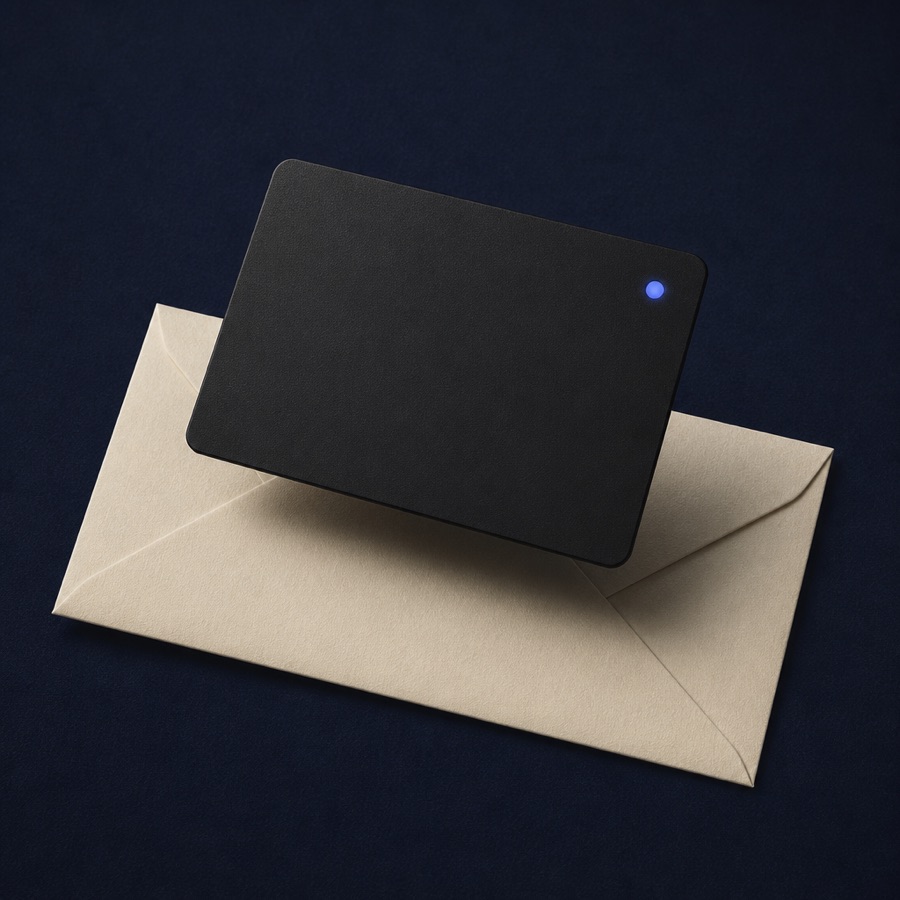 A HeyPass token resting on an envelope.